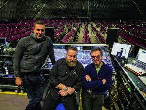 The core audio crew: System Tech Ulf Oeckel, Monitor Engineer Joe Campbell and FOH master, Dave Bracey